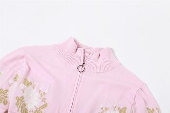 Cute 4 Spring ribbed knit flower zip-up mini skirt set