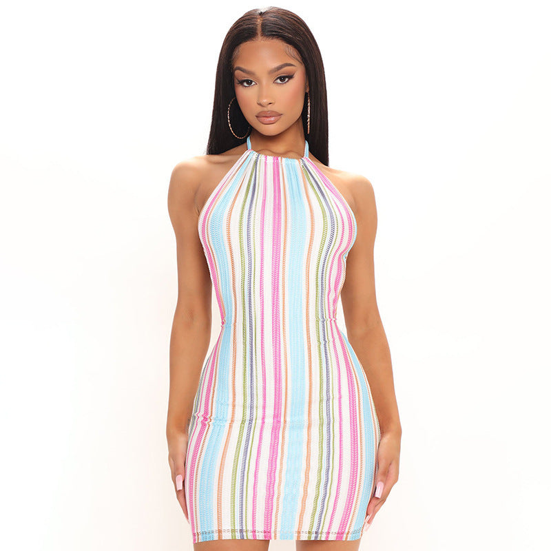 Striped Halterneck Strappy Skirt With Hip Slim Fit