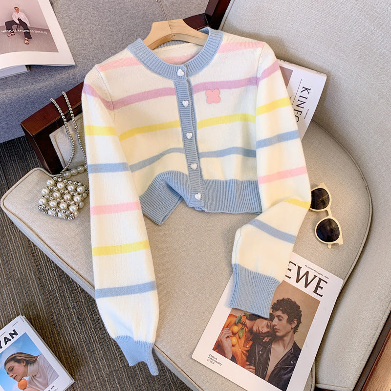 Heart Velvet Buckle Color Stripes Knitted Cardigan Top