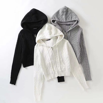 Short Spring And Autumn Hooded Twist Knitted Cardigan Coat For Women