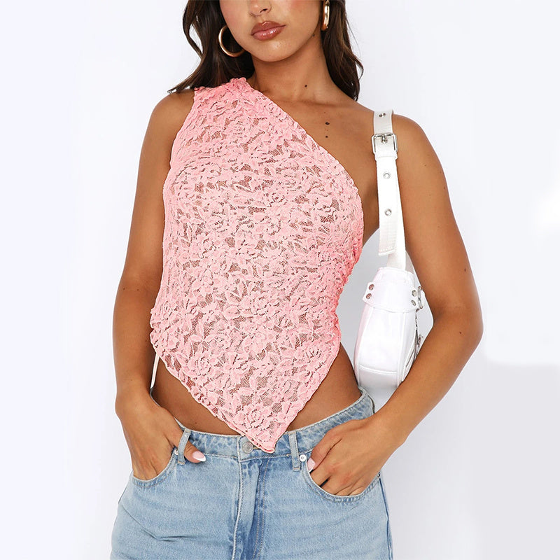 Ins Lace Backless Asymmetrical Sloped Neck Top