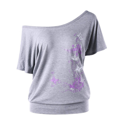 Women's Fashion Casual Loose Diagonal Neck Butterfly Print Short Sleeve T-Shirt