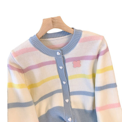 Heart Velvet Buckle Color Stripes Knitted Cardigan Top