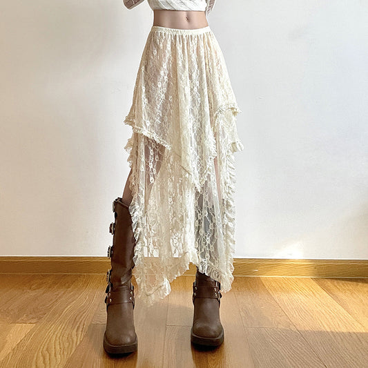 Casual Style Low Waist Double Layer Lace Long Dress