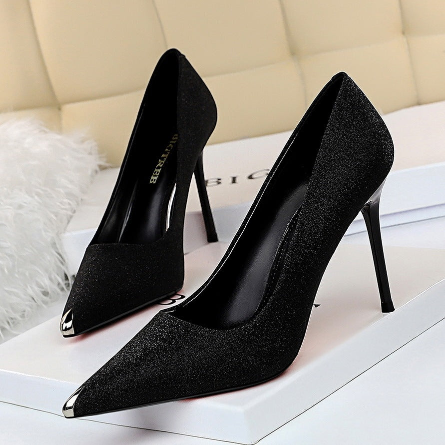 Shallow metal pointed high heels