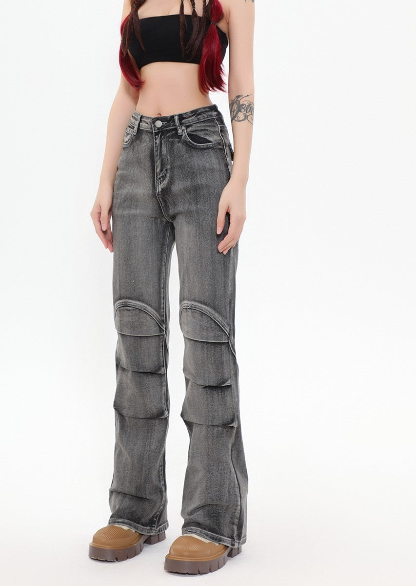 Pants Fashion Brand Washed Old Pleated Slightly Flared Jeans