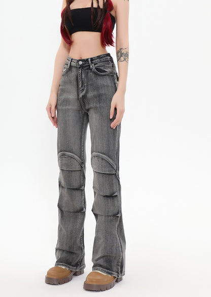 Pants Fashion Brand Washed Old Pleated Slightly Flared Jeans