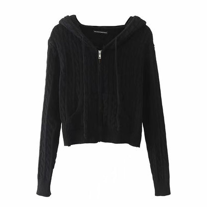 Short Spring And Autumn Hooded Twist Knitted Cardigan Coat For Women