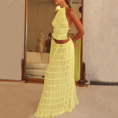 Backless Cropped Halter Top And Pleated Long Skirt Set