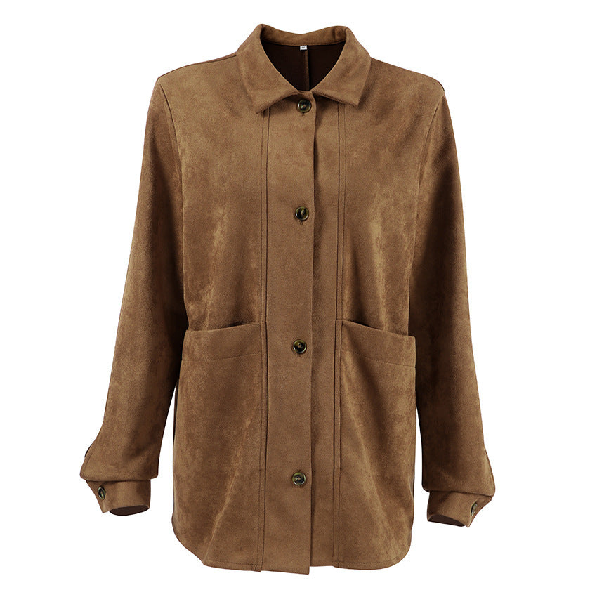 Maillard Brown Suede Coat Loose Design Lapel Coat