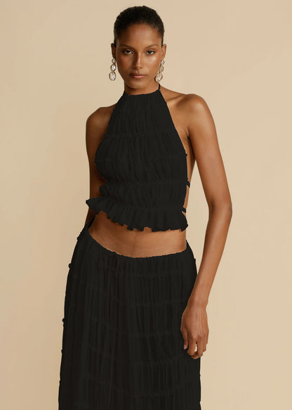 Backless Cropped Halter Top And Pleated Long Skirt Set