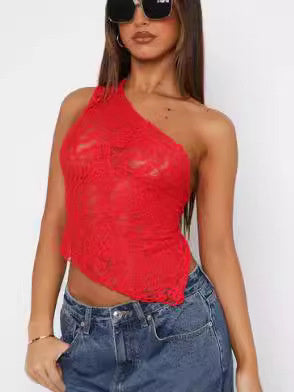 Ins Lace Backless Asymmetrical Sloped Neck Top