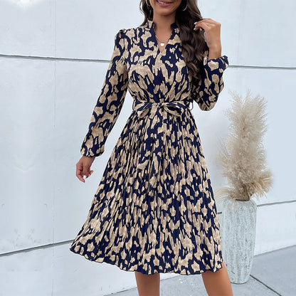 Women's Pleated Print Long Sleeve Dress