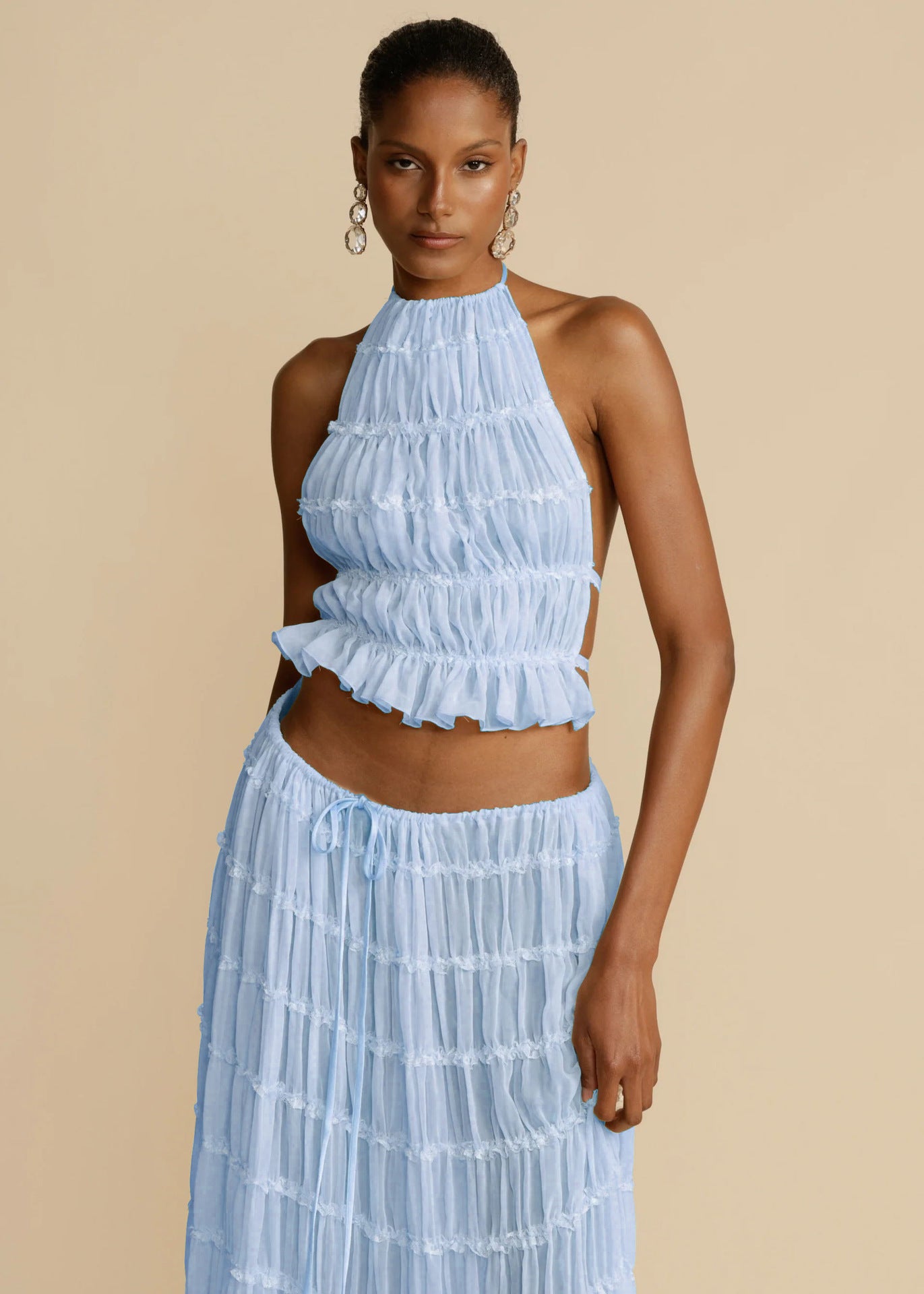 Backless Cropped Halter Top And Pleated Long Skirt Set