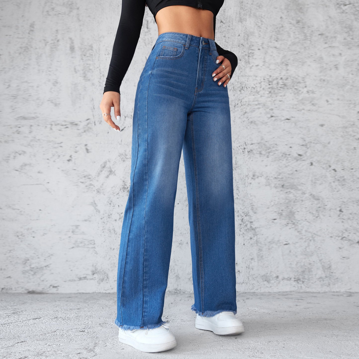 Women's Straight Wide Leg Jeans Casual High Waist Non Elastic