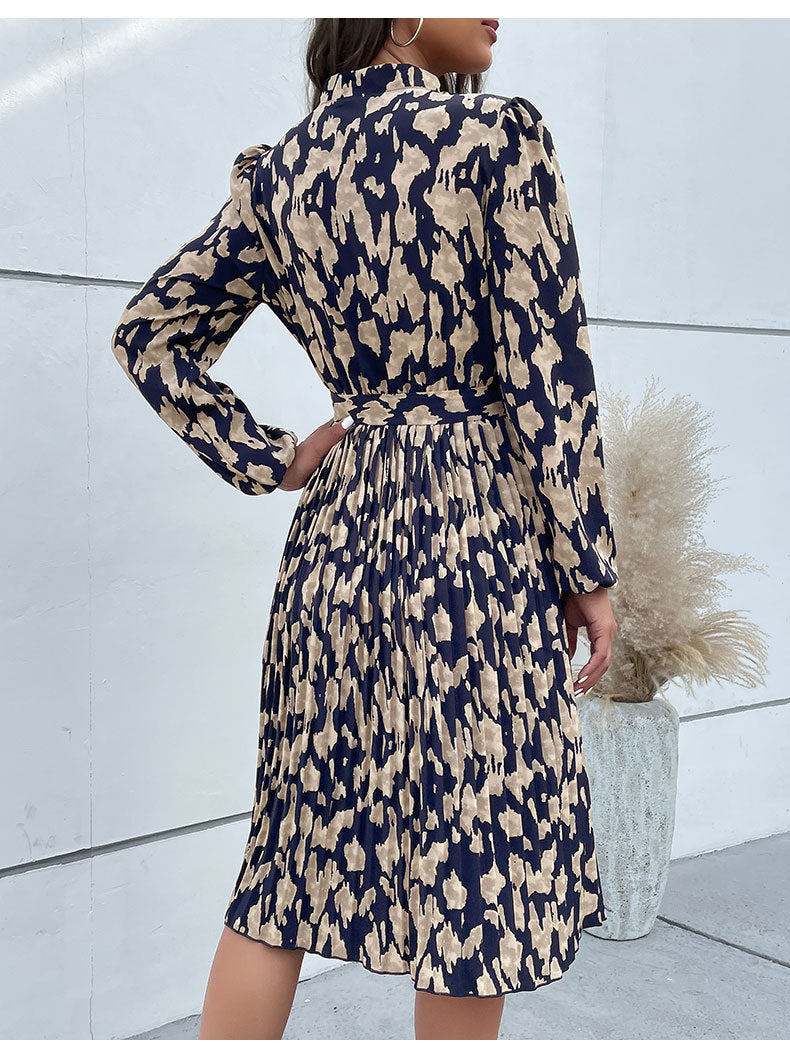 Women's Pleated Print Long Sleeve Dress