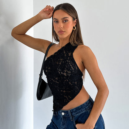 Ins Lace Backless Asymmetrical Sloped Neck Top