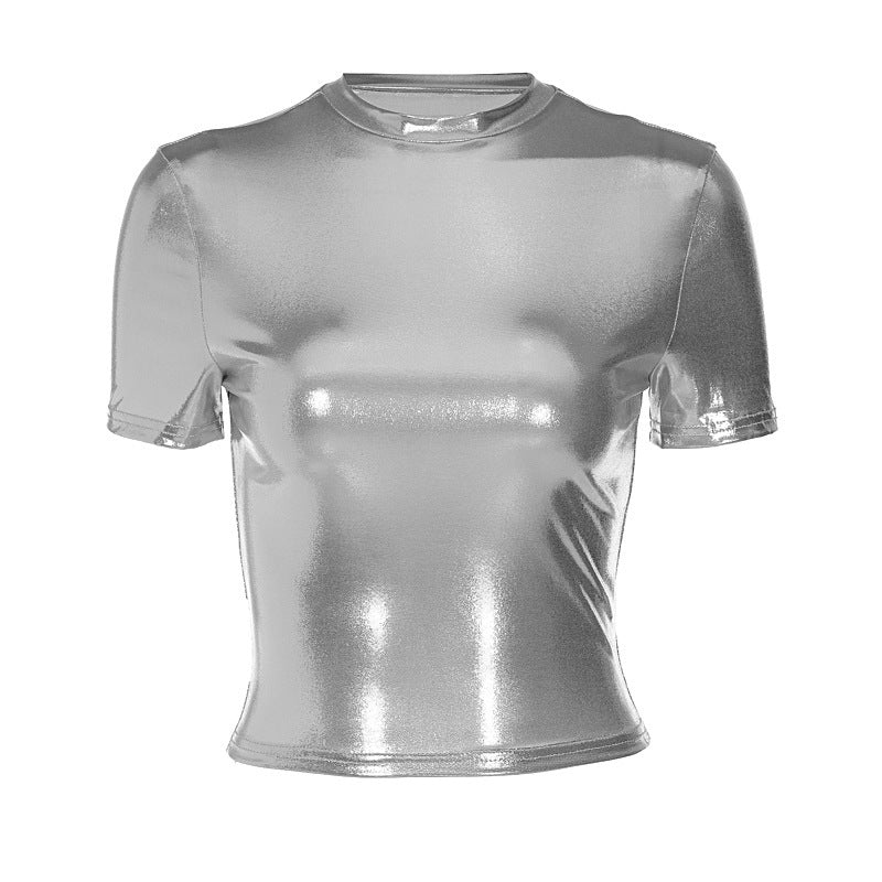 Trendy Metallic Crewneck Short Sleeves