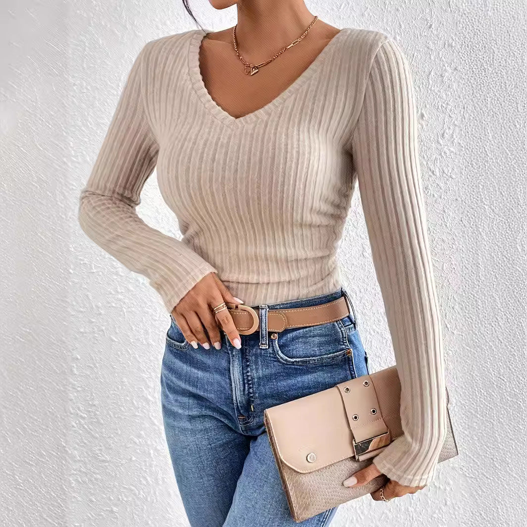 Brushed Sunken Stripe Knitted Sweater Top