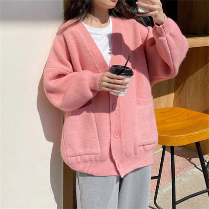 Korean Version V-neck Knitted Cardigan Loose Sweater Coat