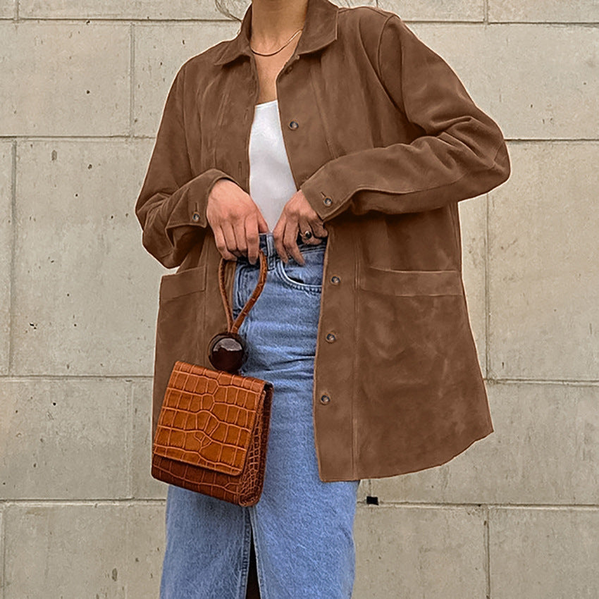 Maillard Brown Suede Coat Loose Design Lapel Coat