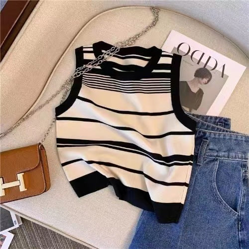 French Sweet Hot Girl Striped Sleeveless Knitwear