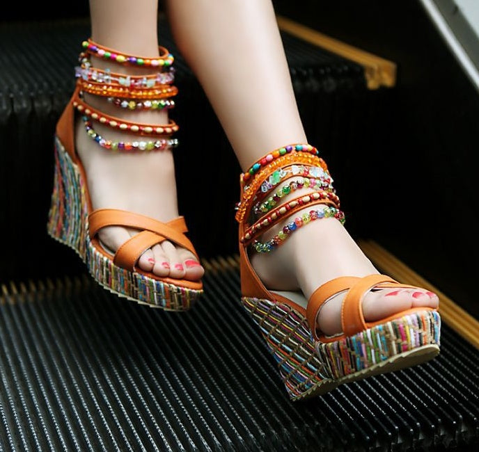 Bohemian Wedge Handmade Beaded Sandals Platform Shoes