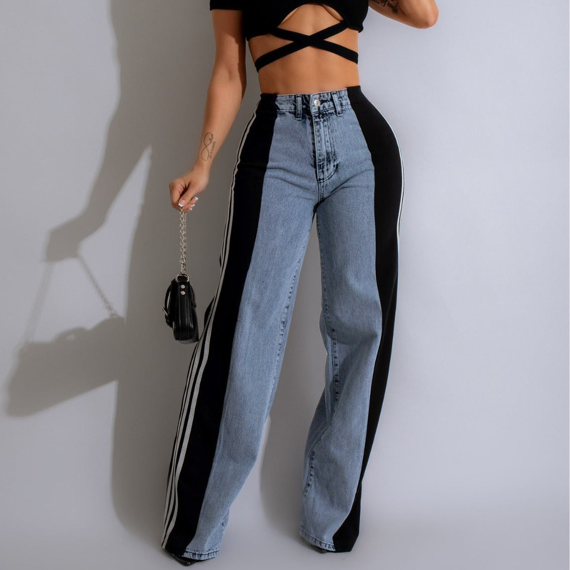 Stitching Wide Leg Denim Trousers Women's High Waist Stretchy Straight-leg Pants