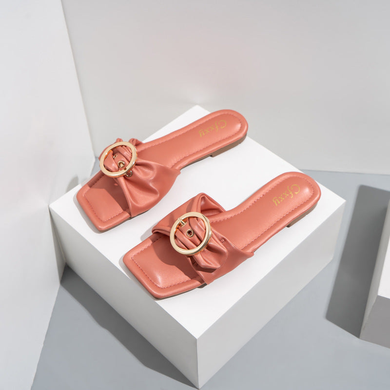 Fashion Belt Buckle Solid Color Square Toe Slide Sandals