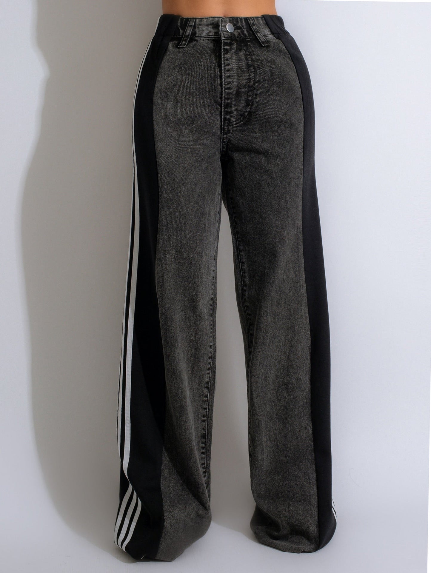 Stitching Wide Leg Denim Trousers Women's High Waist Stretchy Straight-leg Pants