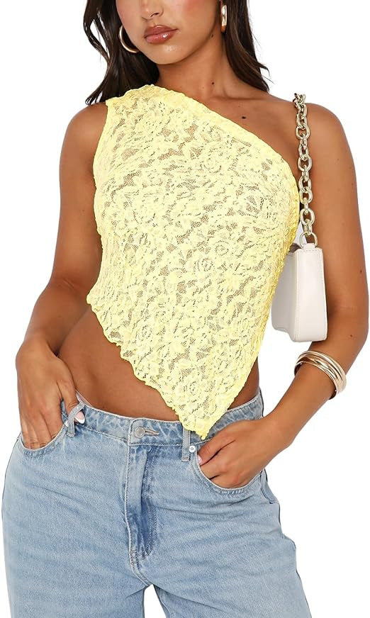 Ins Lace Backless Asymmetrical Sloped Neck Top