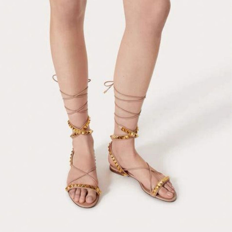 Round Toe Open Toe Cross Strap Flat Roman Style Sandals European And American Style Rivet High-cut Sandals