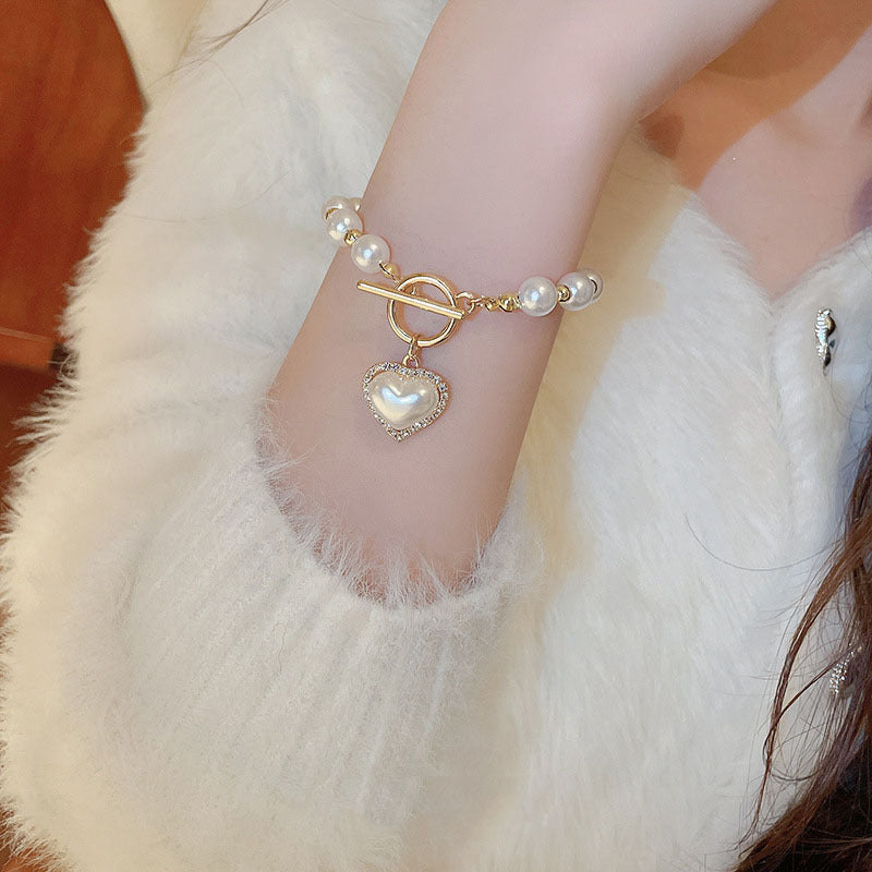 Diamond OT Buckle Pearl Heart Bracelet