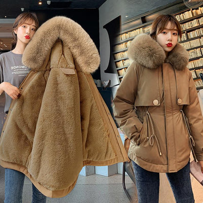 Solid Color Fur Collar Plush Lining Cotton Coat