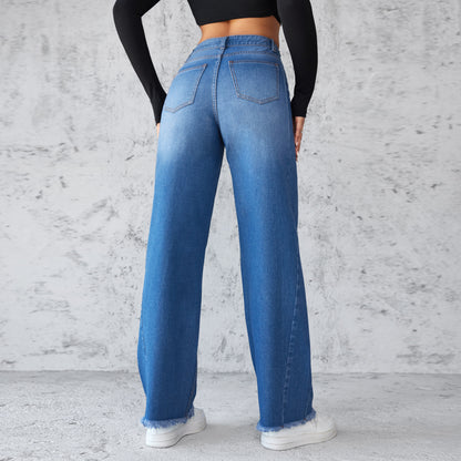 Women's Straight Wide Leg Jeans Casual High Waist Non Elastic