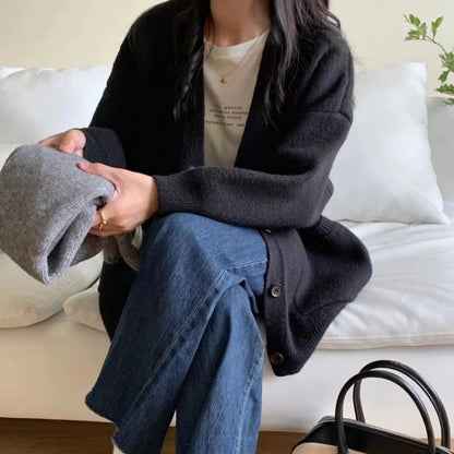 Korean Version V-neck Knitted Cardigan Loose Sweater Coat