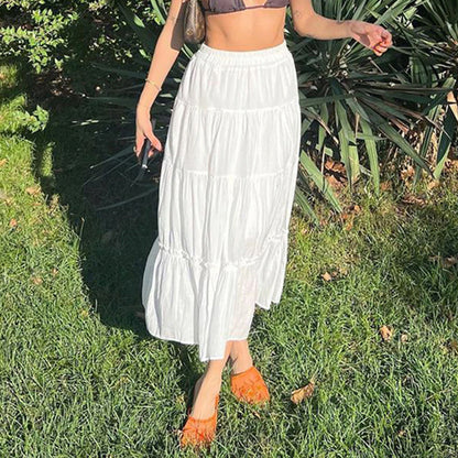 White Patchwork Long Skirt With Loose Fit