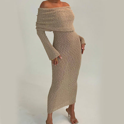 Off-shoulder Knitted Long-sleeved Maxi Dress