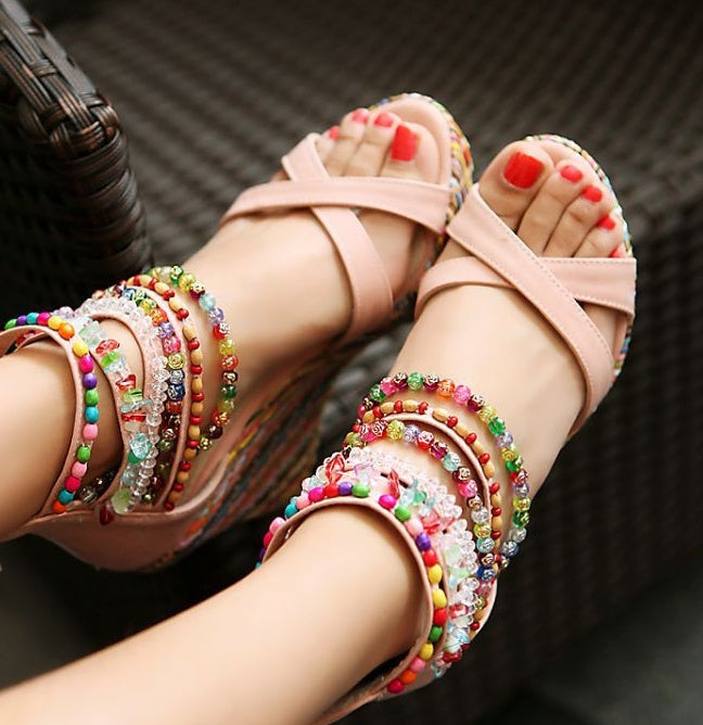 Bohemian Wedge Handmade Beaded Sandals Platform Shoes