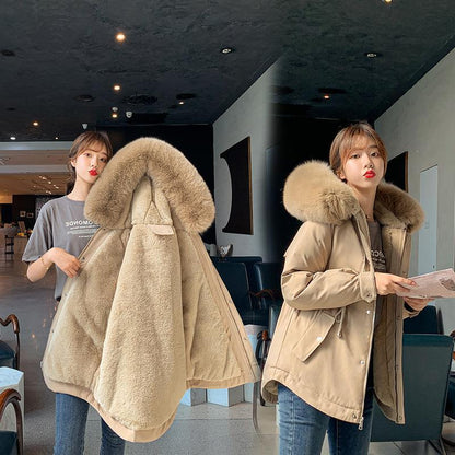 Solid Color Fur Collar Plush Lining Cotton Coat