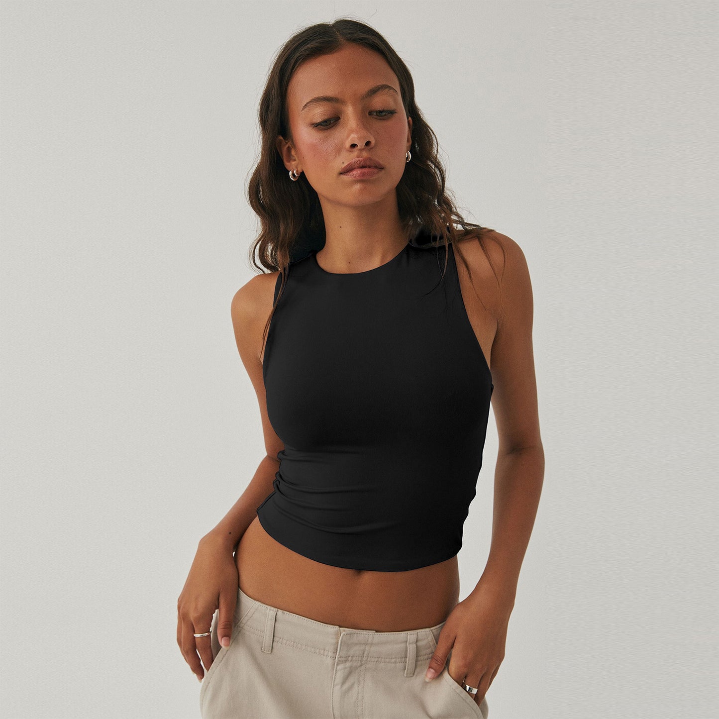 Cropped Sleeveless Tight Bottoming Shirt Round Neck I-shaped Vest