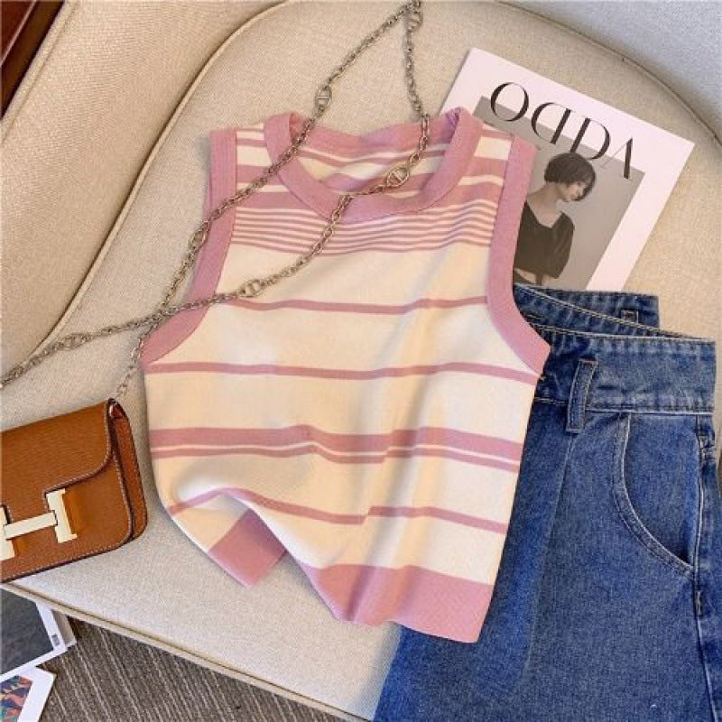 French Sweet Hot Girl Striped Sleeveless Knitwear