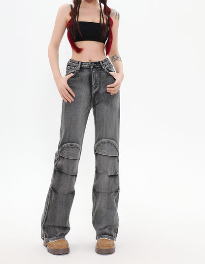 Pants Fashion Brand Washed Old Pleated Slightly Flared Jeans