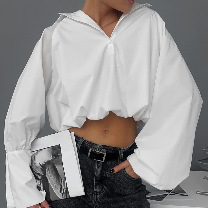 Lapel Sexy Navel Asymmetric Sleeves Shirt