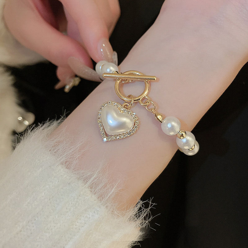 Diamond OT Buckle Pearl Heart Bracelet