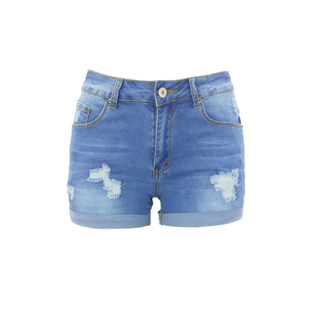 Fashion Ladies High Waisted Denim Shorts With Ripped Flanging