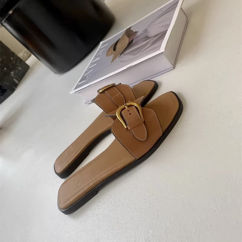 French Flat Slippers Women's Summer Wear Retro Buckle Sandals Lazy Casual Vacation Beach Shoes