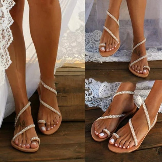 Rhinestone Pearl Set-toe Bohemian Casual Beach Flat Sandals