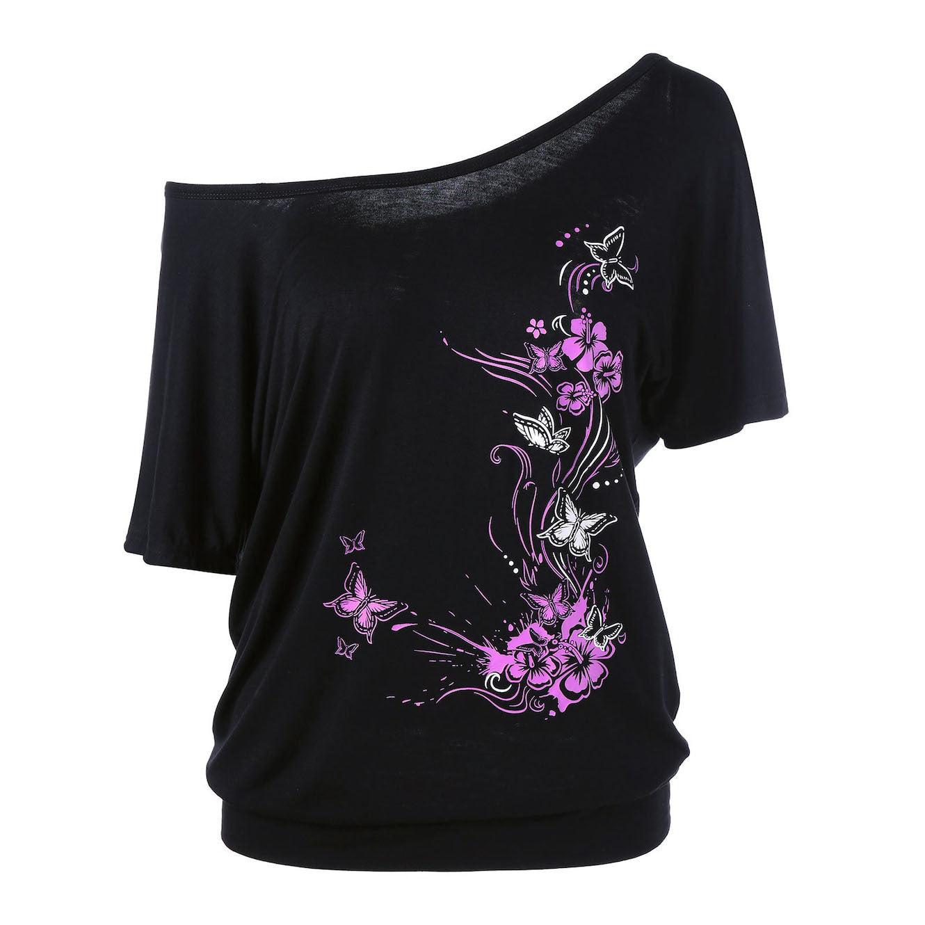 Women's Fashion Casual Loose Diagonal Neck Butterfly Print Short Sleeve T-Shirt