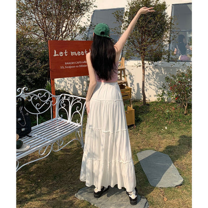 Summer High Waist Elastic Waist Pleated Casual Mid-length Skirt